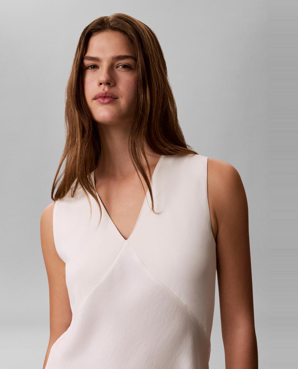 Vestido Midi de Crepe com Decote em Bico Branco-3