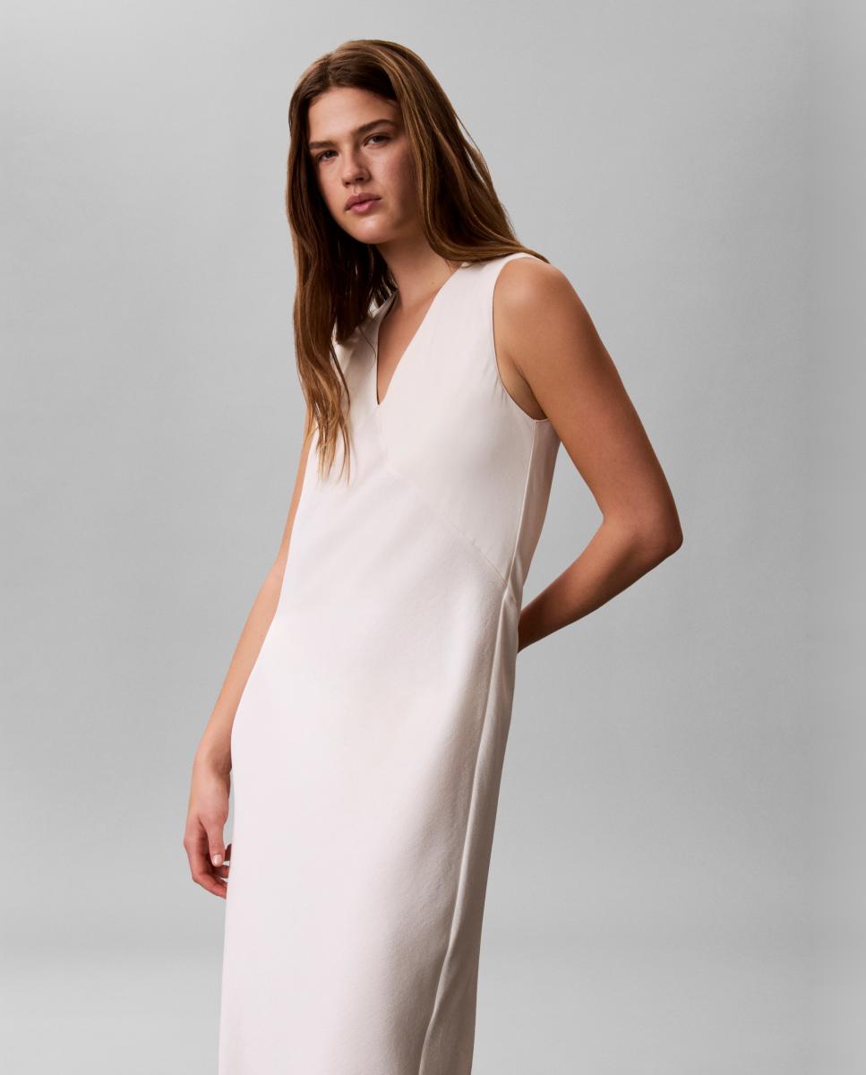 Vestido Midi de Crepe com Decote em Bico Branco-4