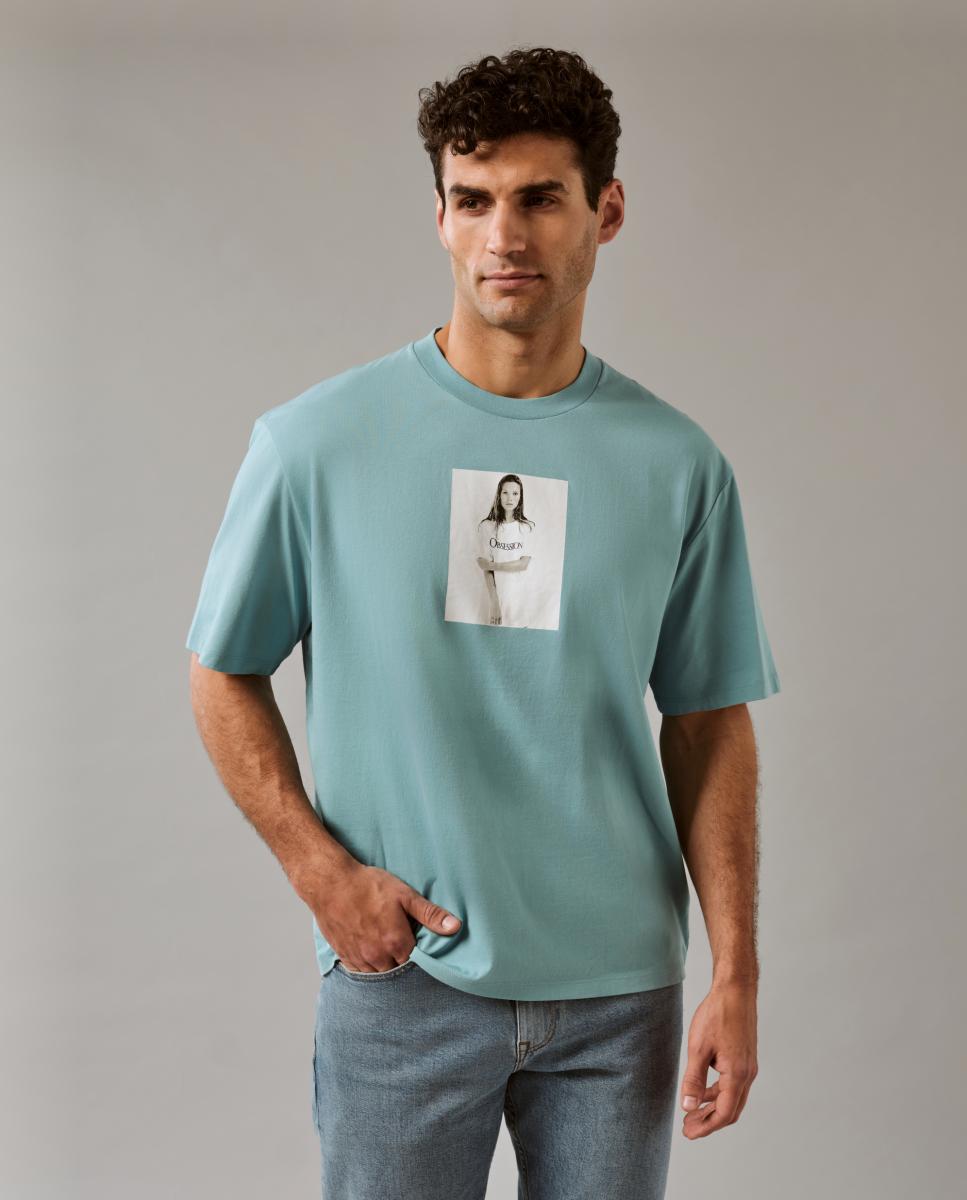 T-shirt com Estampado Gráfico Kate Moss Azul-4