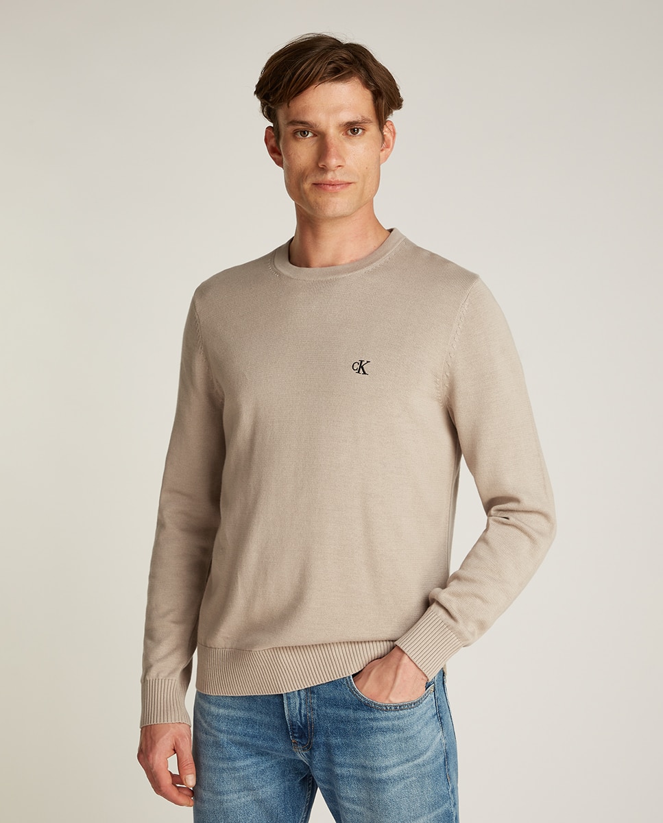 Camisola de Malha de Decote Redondo com Monograma Cinzento-escuro-1