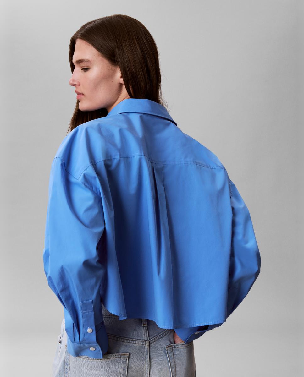 Camisa Curta de Popelina com Logótipo Azul-claro-2