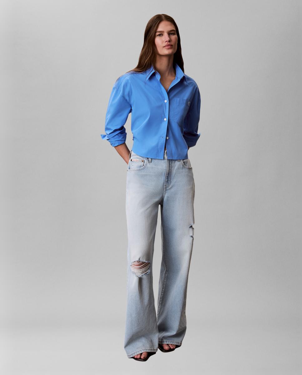 Camisa Curta de Popelina com Logótipo Azul-claro-5