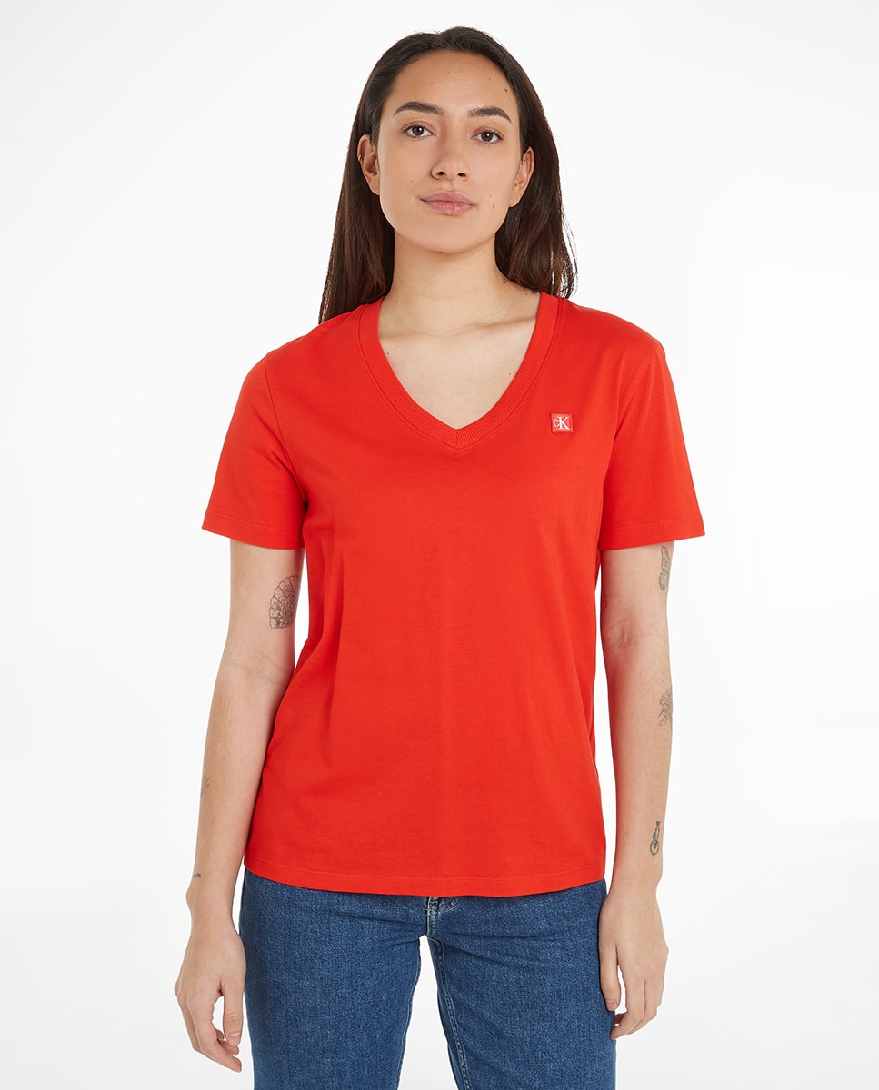 T-shirt de Manga Curta e Decote em Bico Vermelho-1