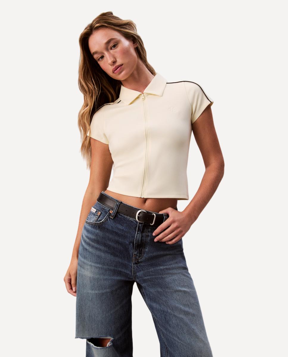 T-shirt com Fecho de Correr Creme-3