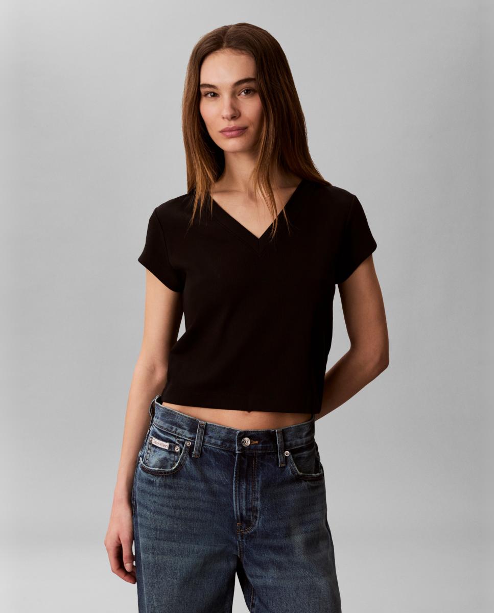 Calvin Klein Jeans - Camiseta mujer corta de canalé.