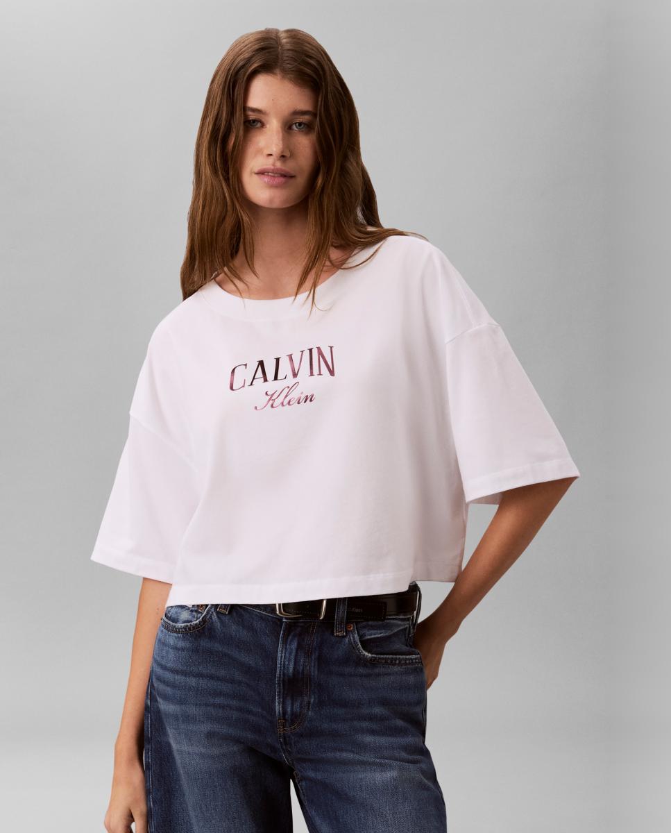 Camiseta de mujer boxy cropped varsity - Calvin Klein Jeans - Blanco Blanco-1