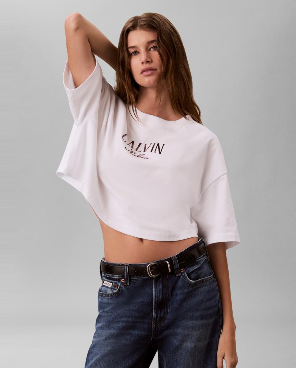 Camiseta de mujer boxy cropped varsity - Calvin Klein Jeans - Blanco Blanco-3