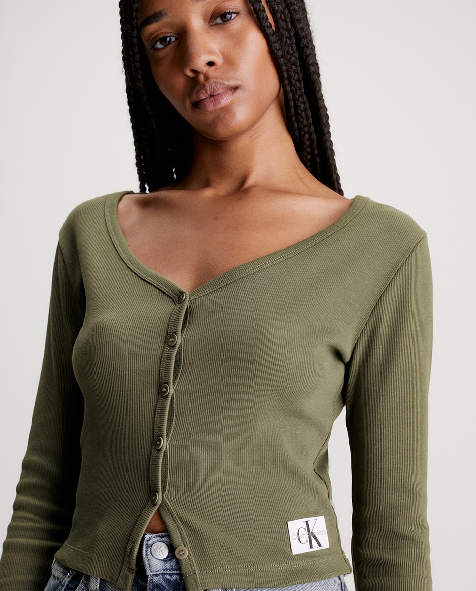Cardigan Canelado com Insígnia e em Algodão Verde pardo-3
