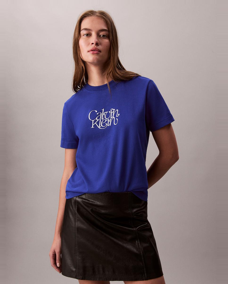 T-shirt com Logótipo em Cursivo Azul-1