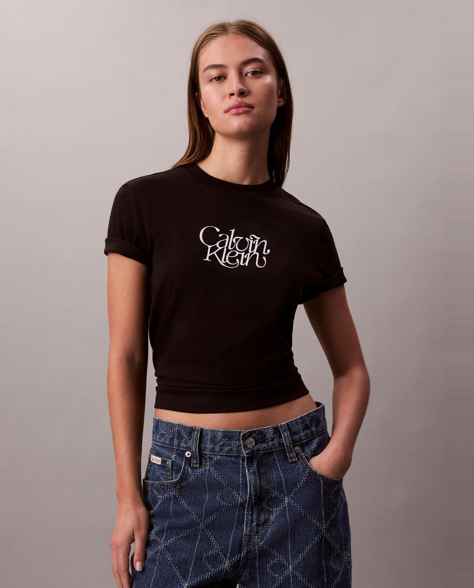 T-shirt com Logótipo em Cursivo Preto-1