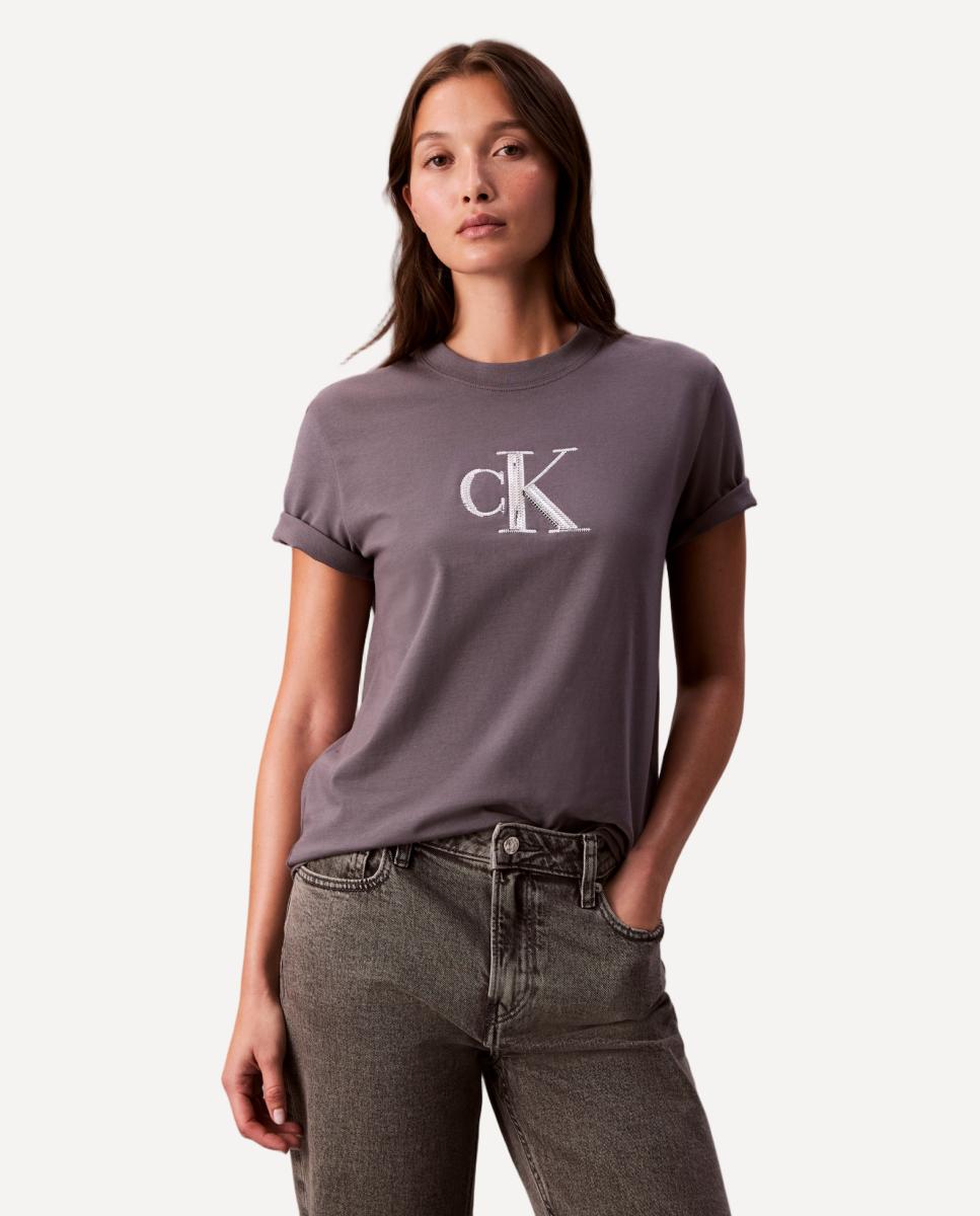 T-shirt com Logótipo de Lantejoulas Cinzento-1