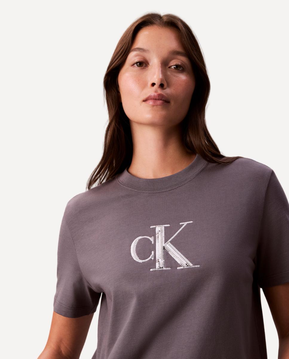 T-shirt com Logótipo de Lantejoulas Cinzento-2