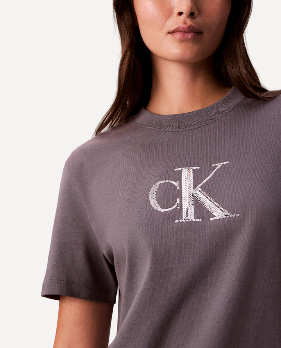 T-shirt com Logótipo de Lantejoulas Cinzento-3