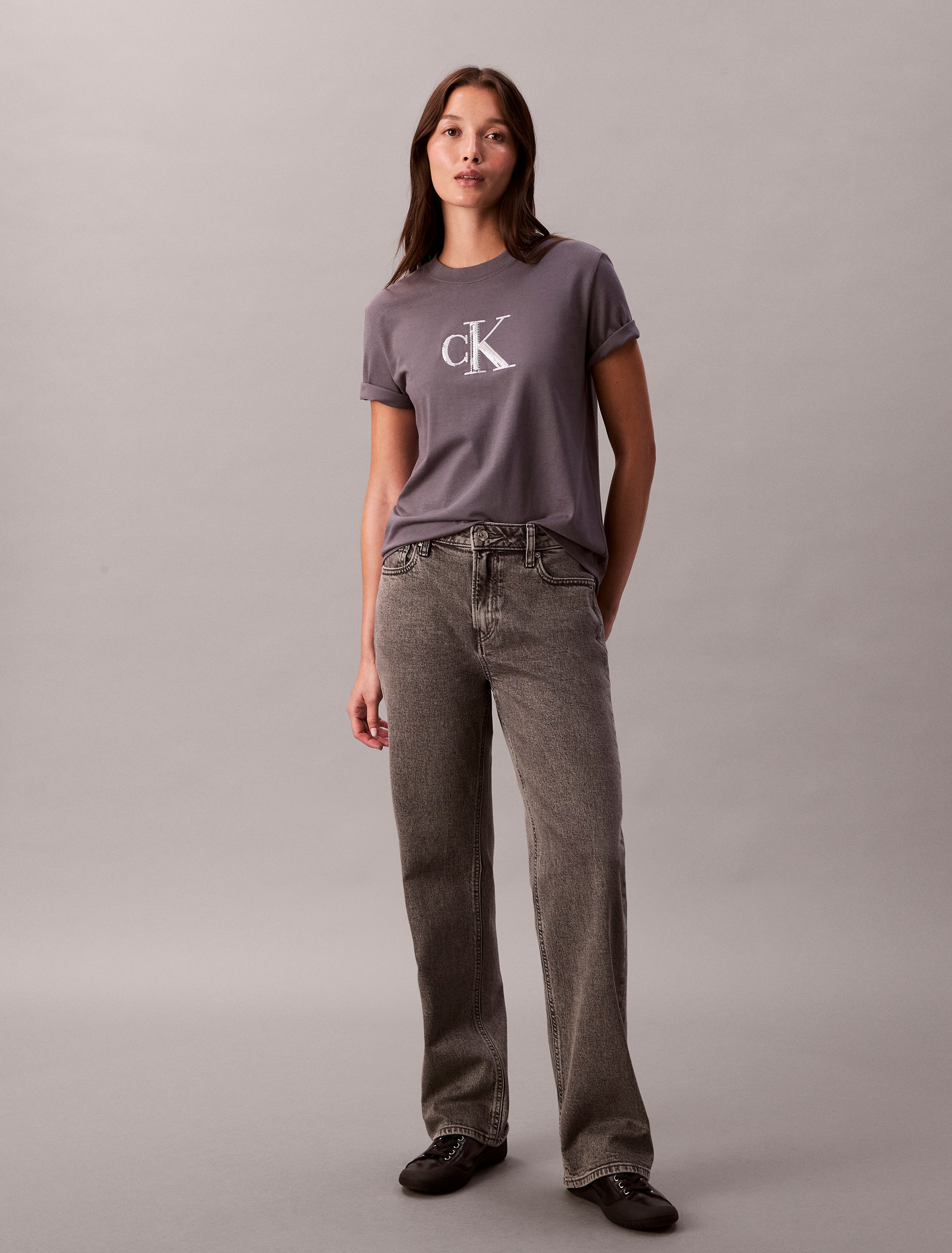 T-shirt com Logótipo de Lantejoulas Cinzento-7