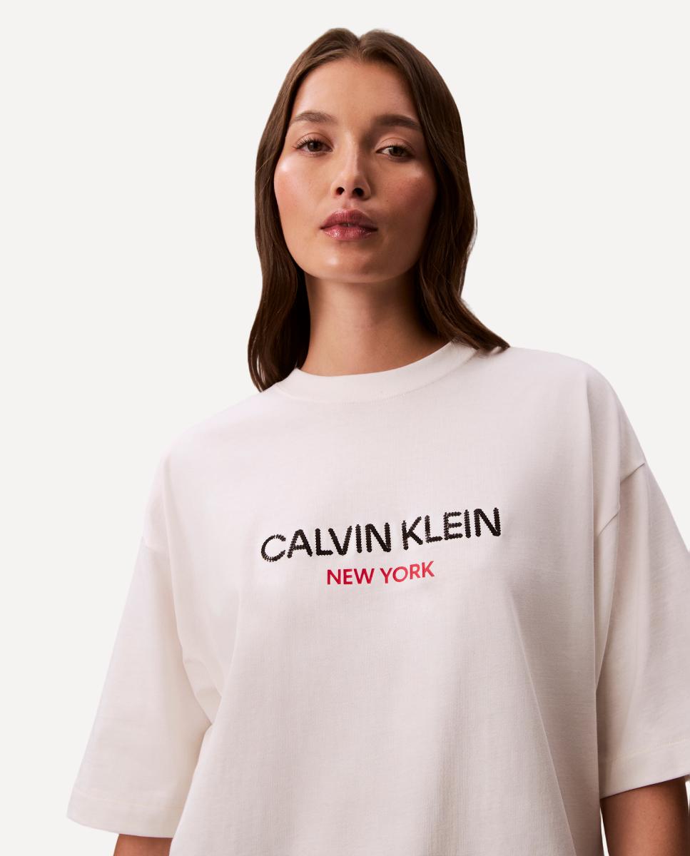 T-shirt Relaxed com Logótipo de Lantejoulas Branco-2