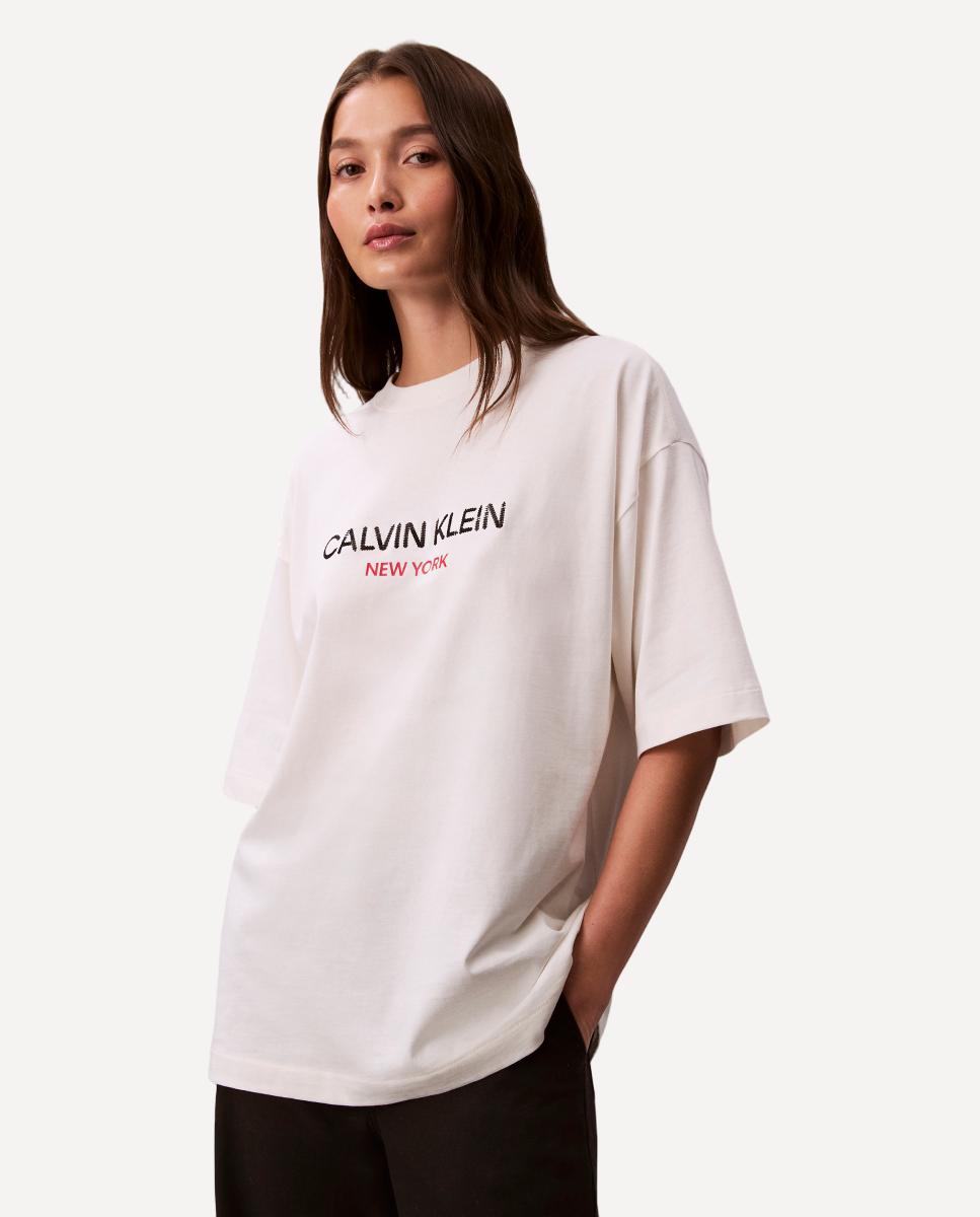 T-shirt Relaxed com Logótipo de Lantejoulas Branco-3