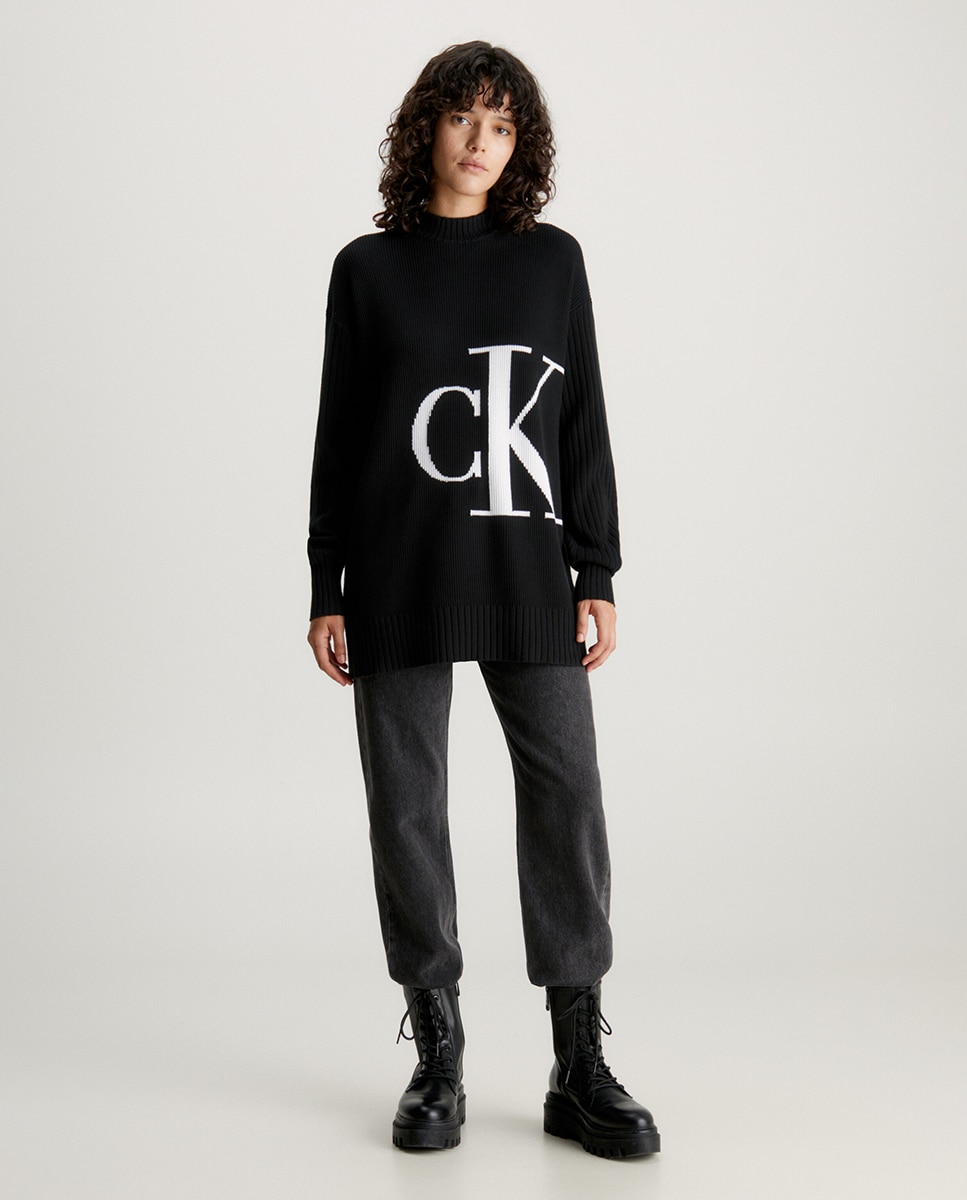 Camisola de Malha Folgada com Monograma e em Algodão Preto-4