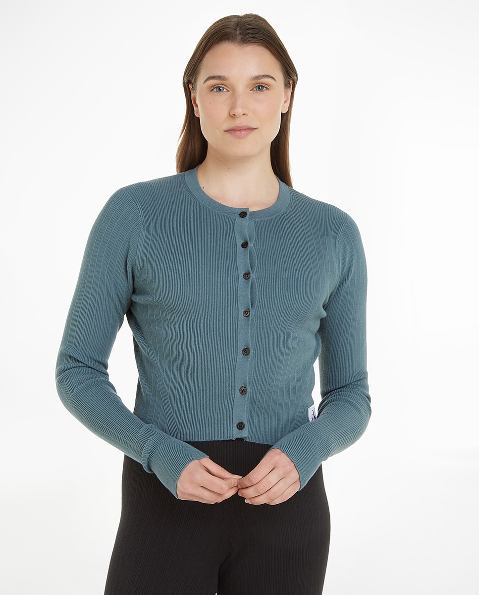 Camisola de Malha Tipo Cardigan Canelada - Azul Azul-1