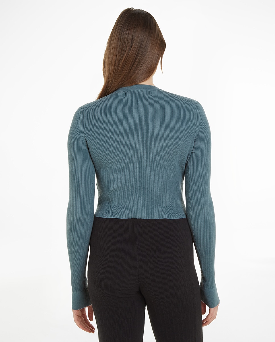 Camisola de Malha Tipo Cardigan Canelada - Azul Azul-2