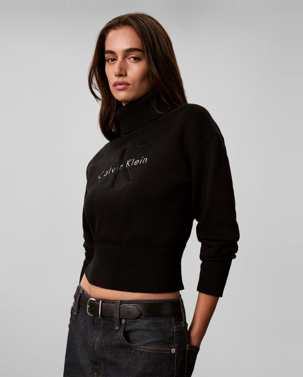 Camisola de Malha com Gola Alta e Logótipo Preto-3