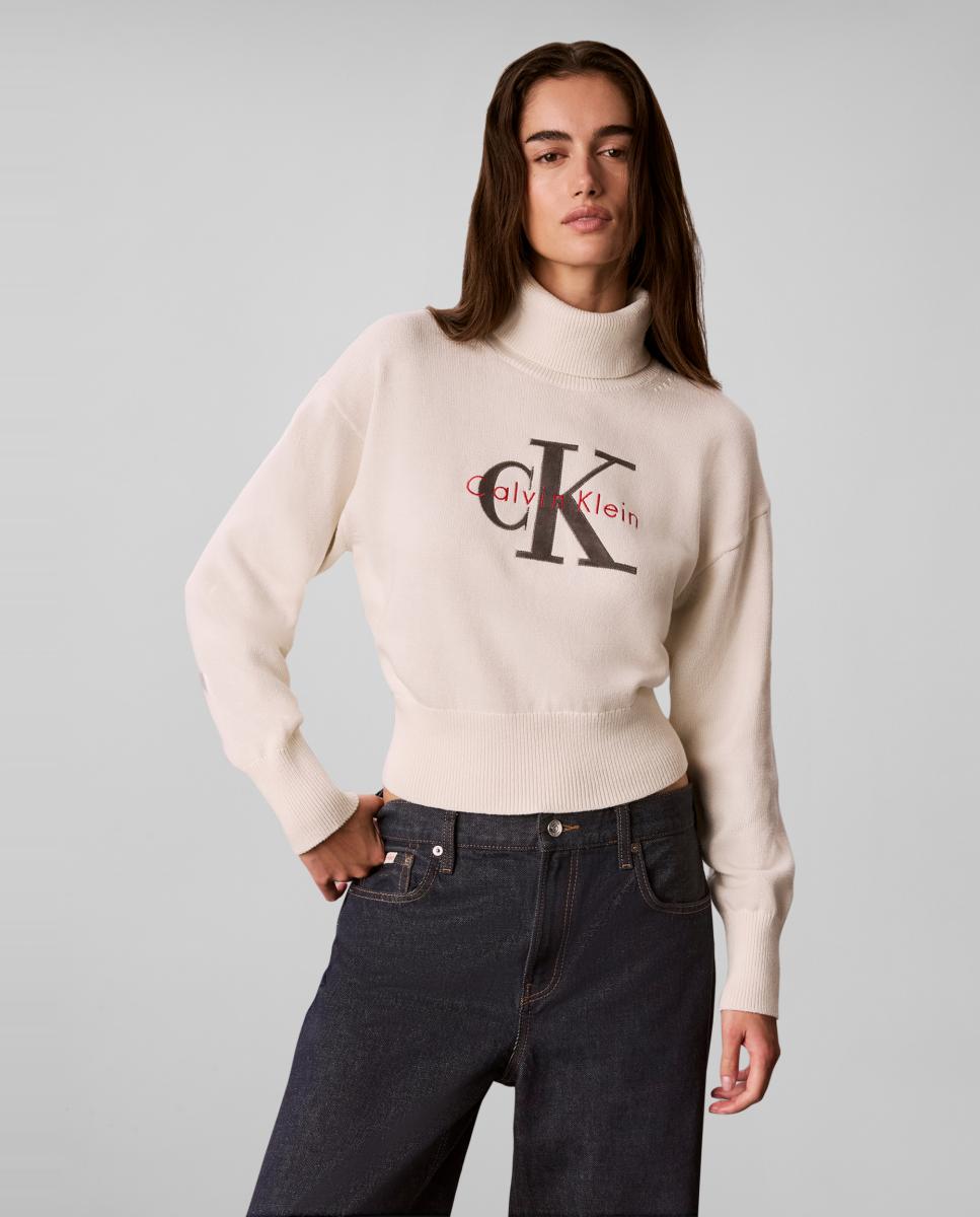 Jersey de mujer cuello alto logo - Calvin Klein Jeans - Crema Crema-1