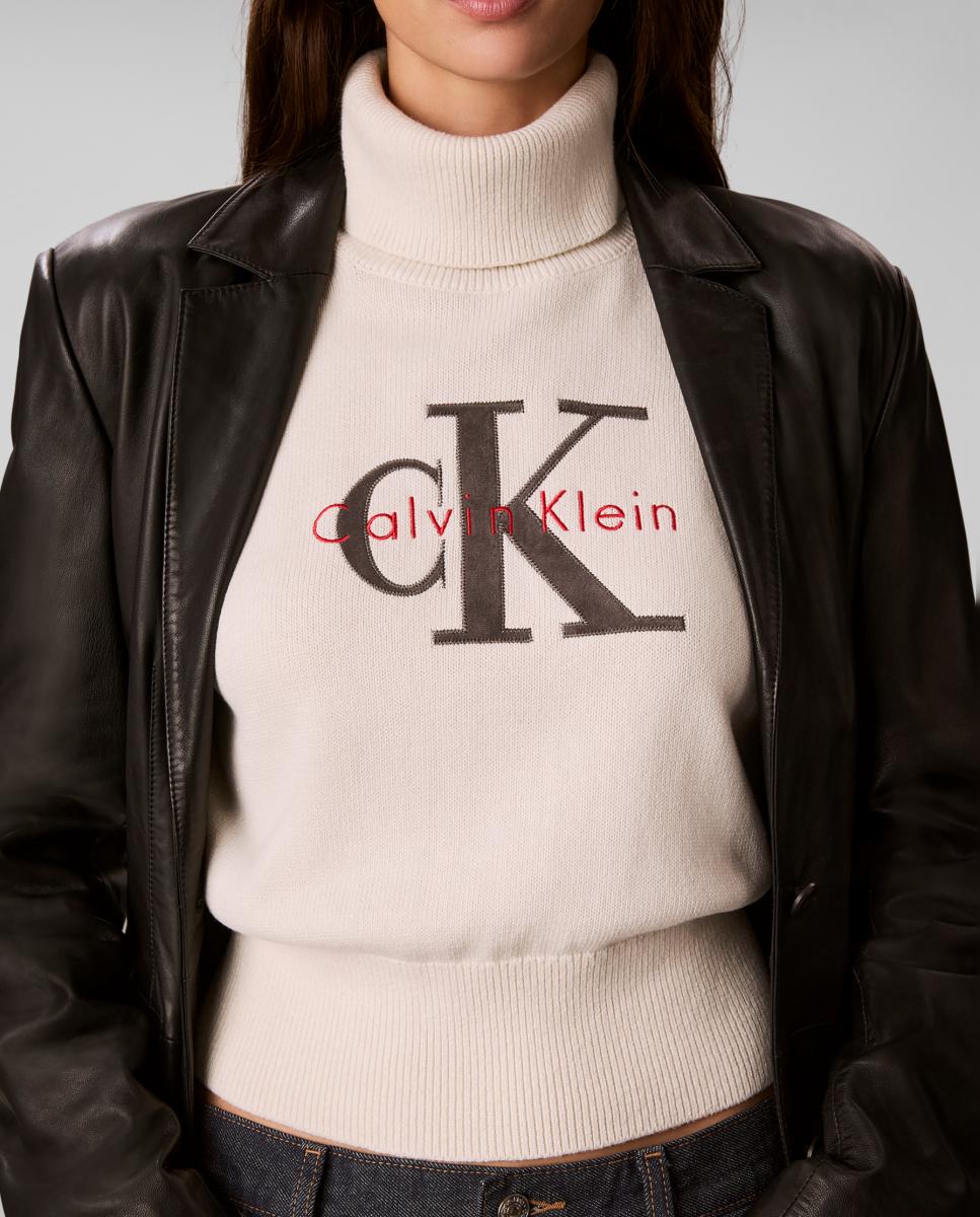 Jersey de mujer cuello alto logo - Calvin Klein Jeans - Crema Crema-5