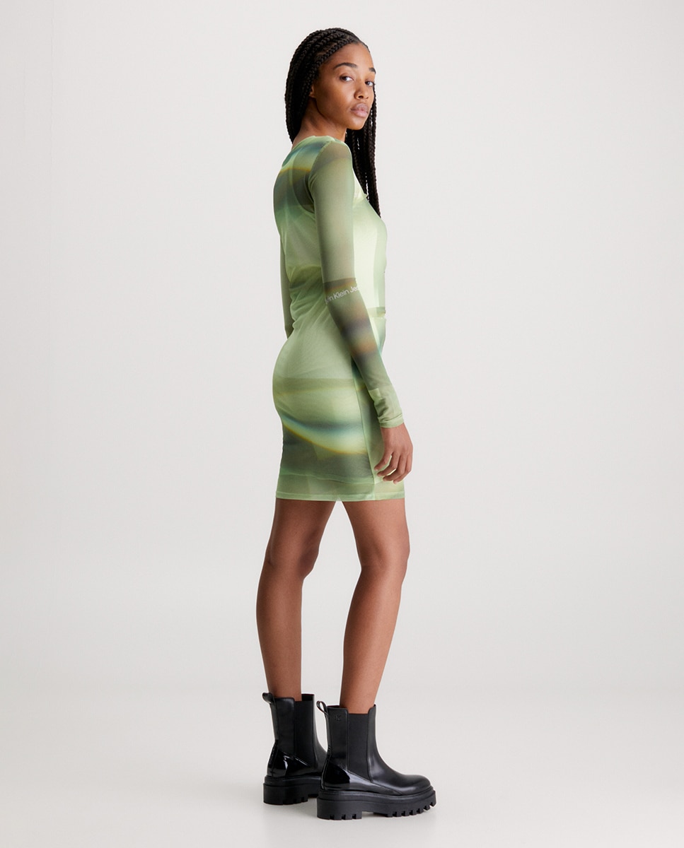Vestido Estampado em Malha de Duas Camadas Verde-2