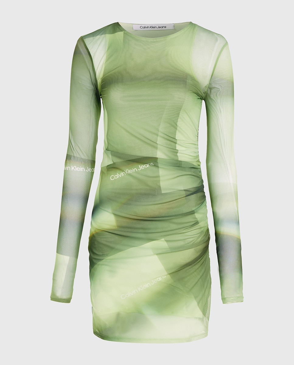 Vestido Estampado em Malha de Duas Camadas Verde-5