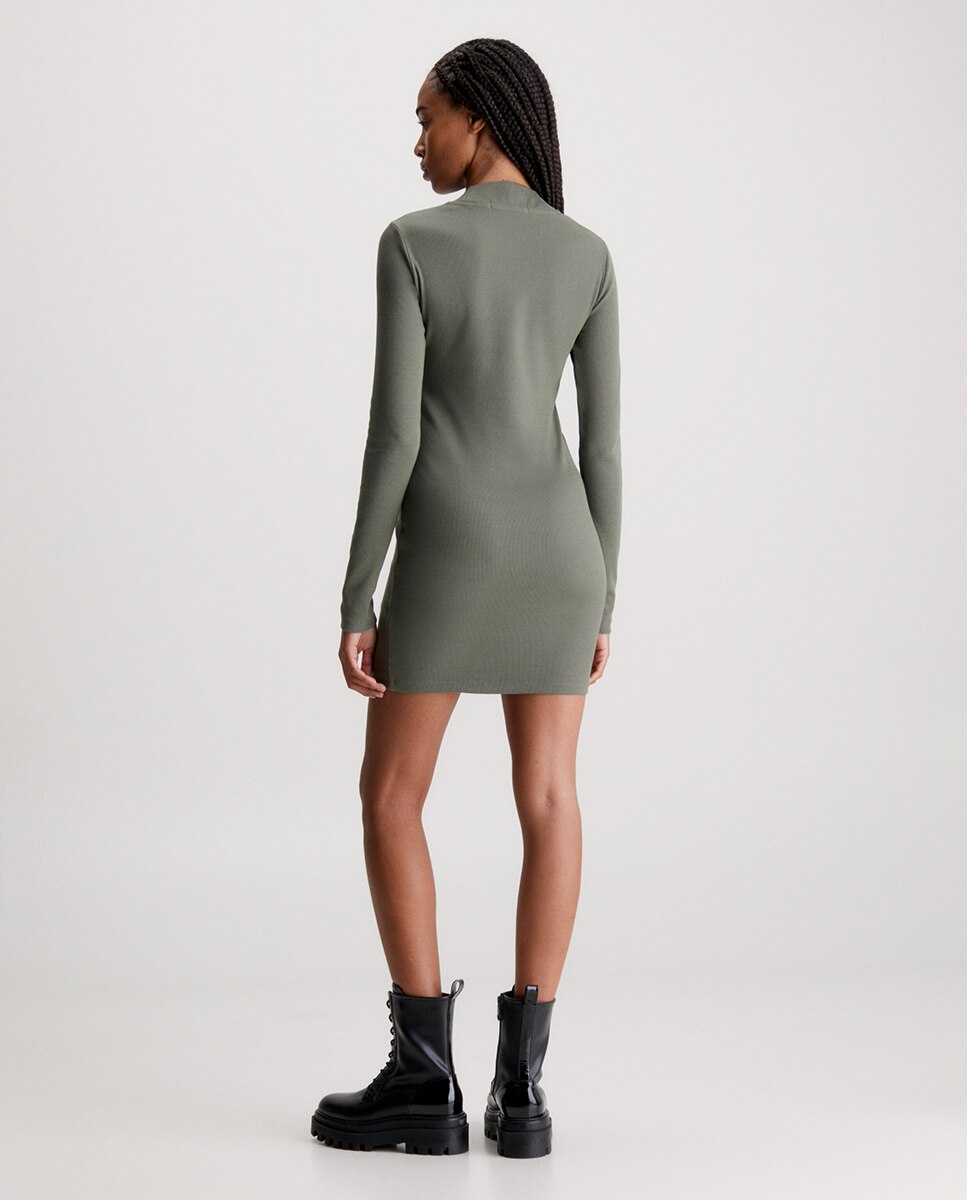 Vestido Canelado Slim com Manga Comprida Verde pardo-2