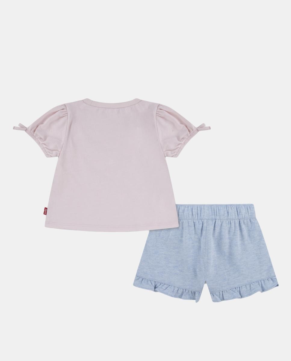 Conjunto de 2 Peças: T-shirt com Mangas de Laço e Calções com Cinto Azul-2