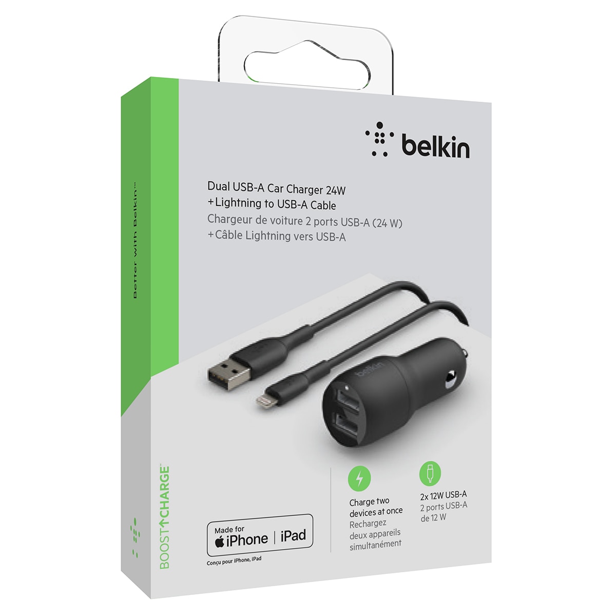 Cargador para coche Belkin doble USB-A 24 W + cable USB-A a Lightning Negro-2