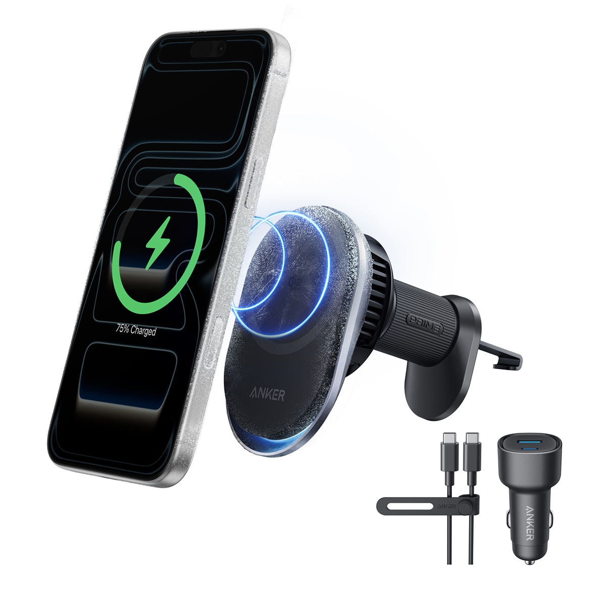 Cargador de coche Inalámbrico Anke Prime, 25W, Qi2, MagSafe, con refrigeración, imán y soporte para rejilla - Negro Negro-2