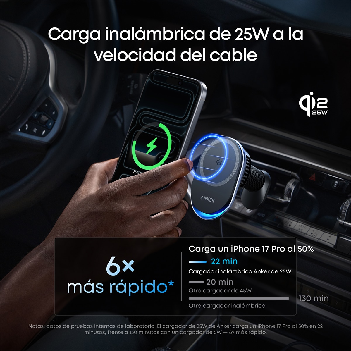 Cargador de coche Inalámbrico Anke Prime, 25W, Qi2, MagSafe, con refrigeración, imán y soporte para rejilla - Negro Negro-4