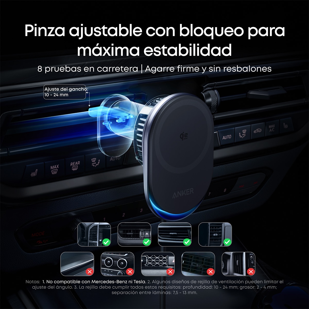 Cargador de coche Inalámbrico Anke Prime, 25W, Qi2, MagSafe, con refrigeración, imán y soporte para rejilla - Negro Negro-6