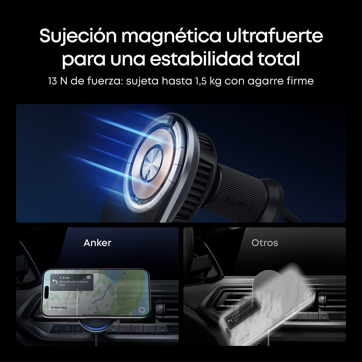 Cargador de coche Inalámbrico Anke Prime, 25W, Qi2, MagSafe, con refrigeración, imán y soporte para rejilla - Negro Negro-7