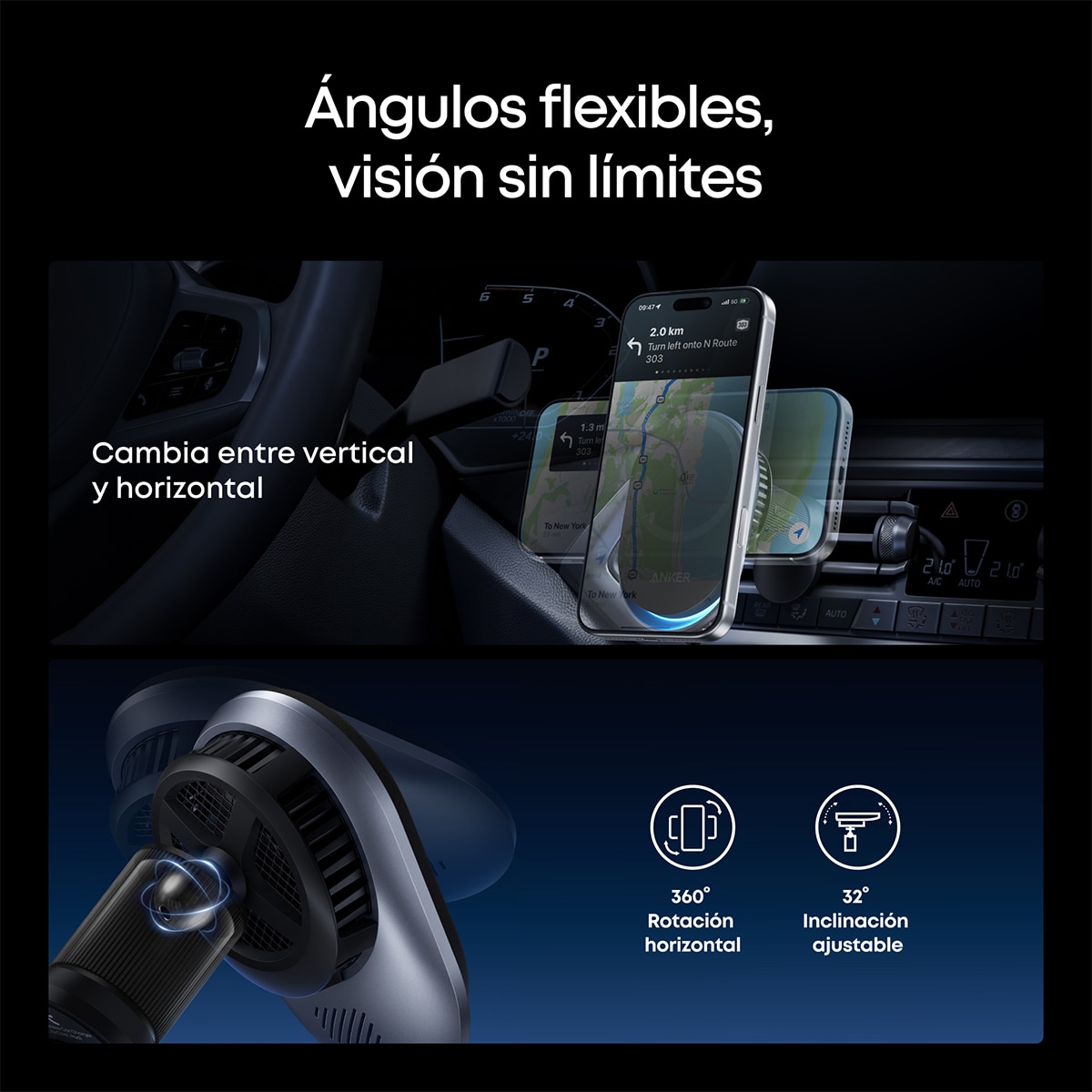 Cargador de coche Inalámbrico Anke Prime, 25W, Qi2, MagSafe, con refrigeración, imán y soporte para rejilla - Negro Negro-8
