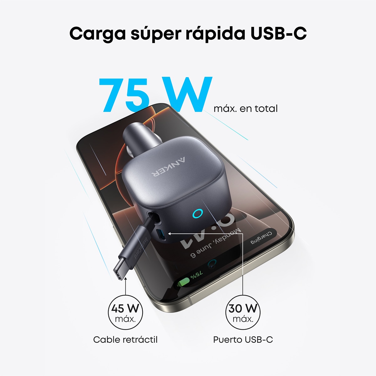 Imagen 4 de Cargador de coche Anker Nano, 75W, Carga rápida, USB-C y Cable retráctil USB-C - Gris Gris