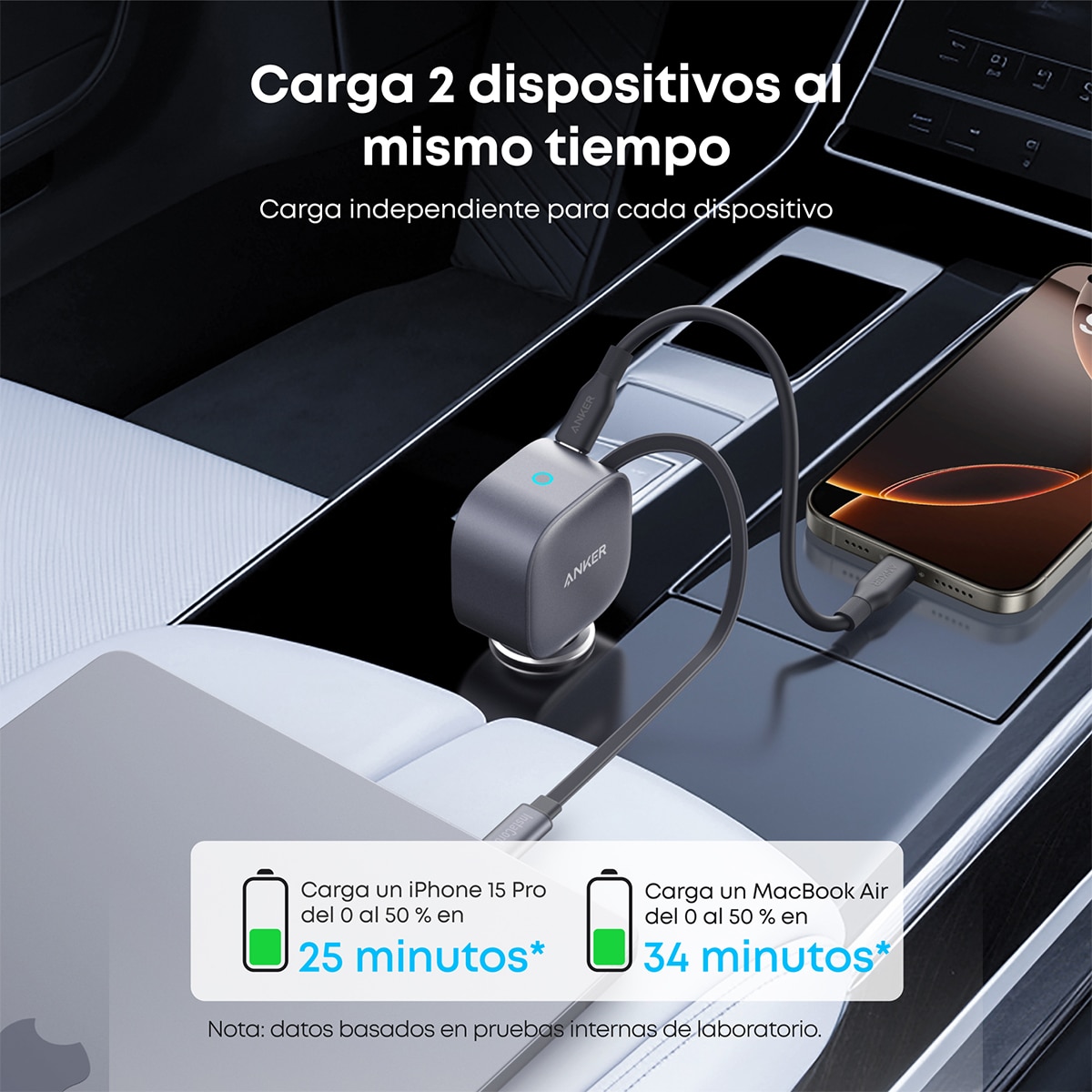 Imagen 7 de Cargador de coche Anker Nano, 75W, Carga rápida, USB-C y Cable retráctil USB-C - Gris Gris