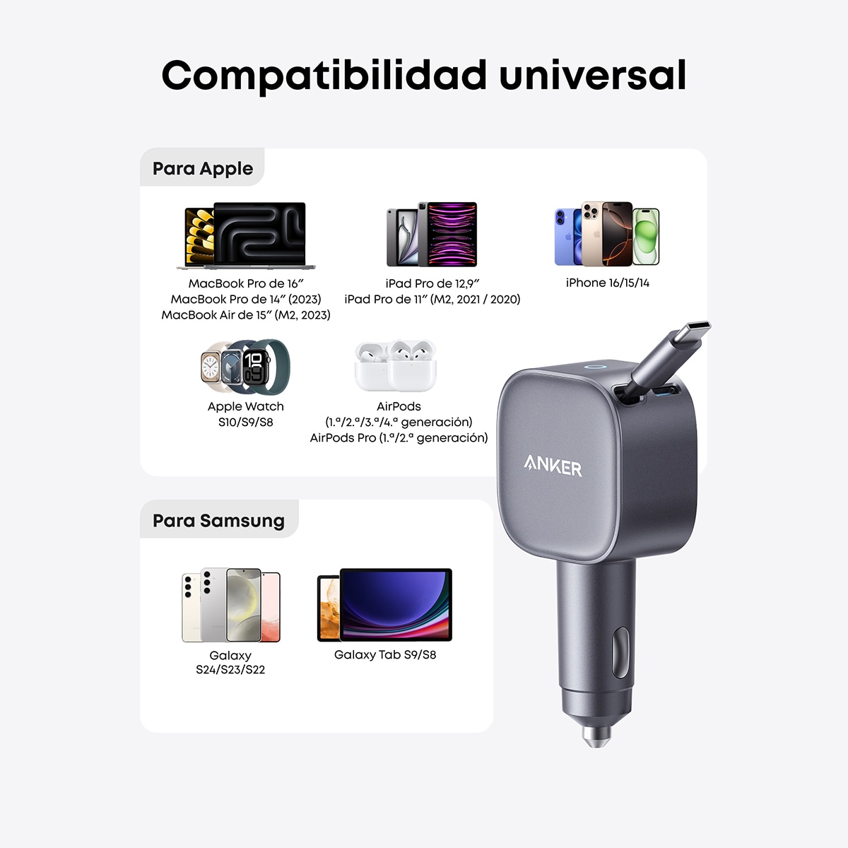 Imagen 8 de Cargador de coche Anker Nano, 75W, Carga rápida, USB-C y Cable retráctil USB-C - Gris Gris