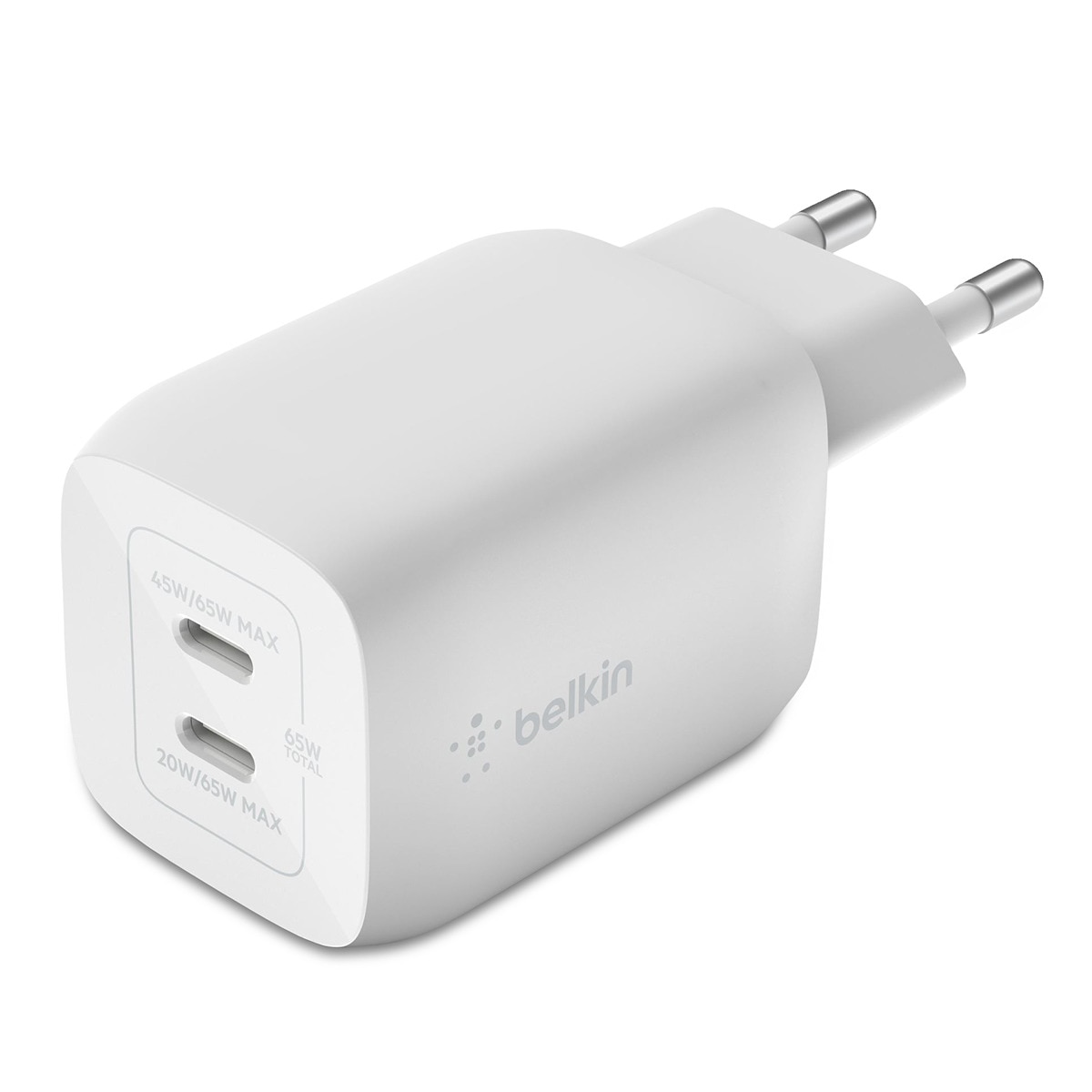 Cargador de pared Belkin USB-C GaN doble con PPS de 65 W + cable USB-C a USB-C de 2 m Blanco-1