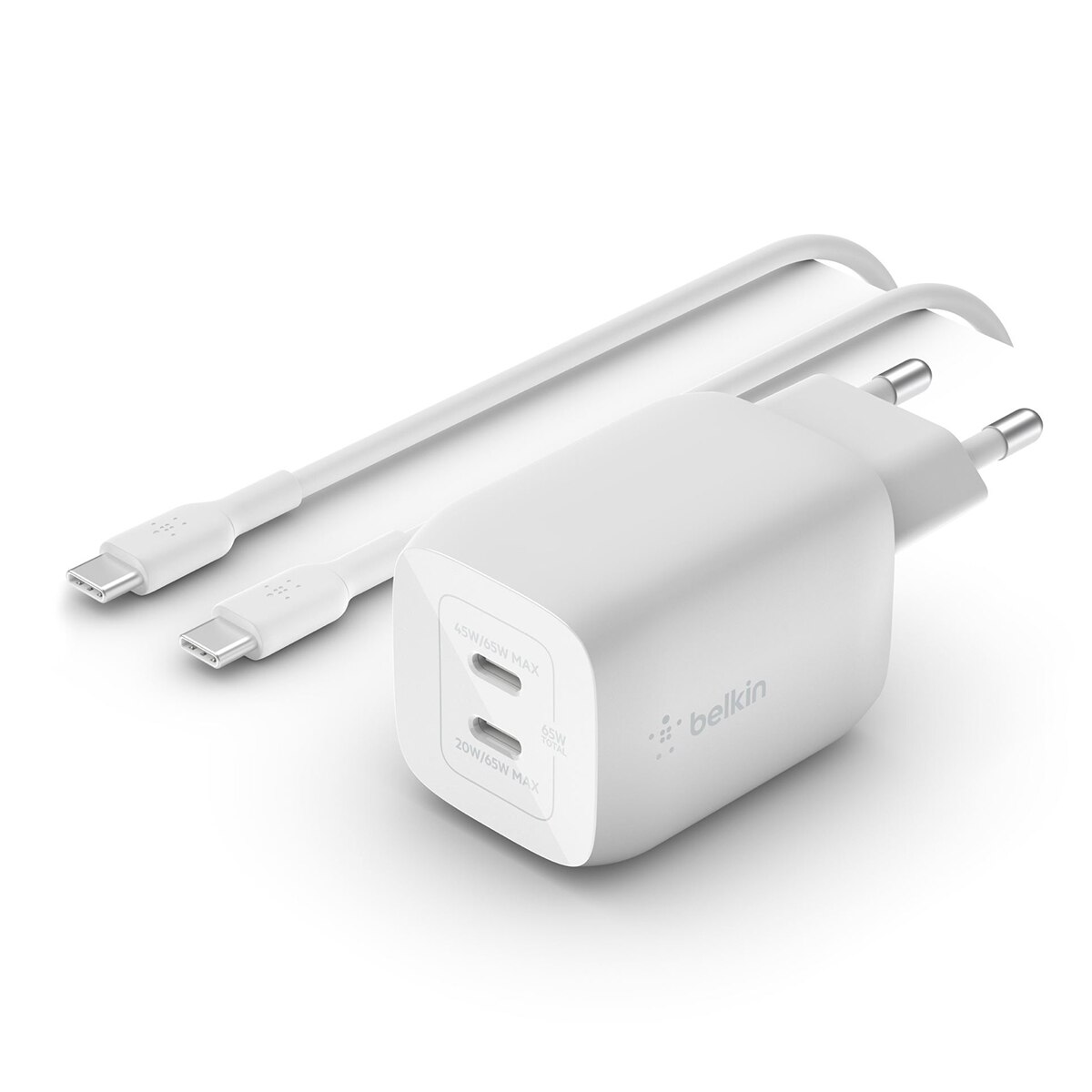 Cargador de pared Belkin USB-C GaN doble con PPS de 65 W + cable USB-C a USB-C de 2 m Blanco-2