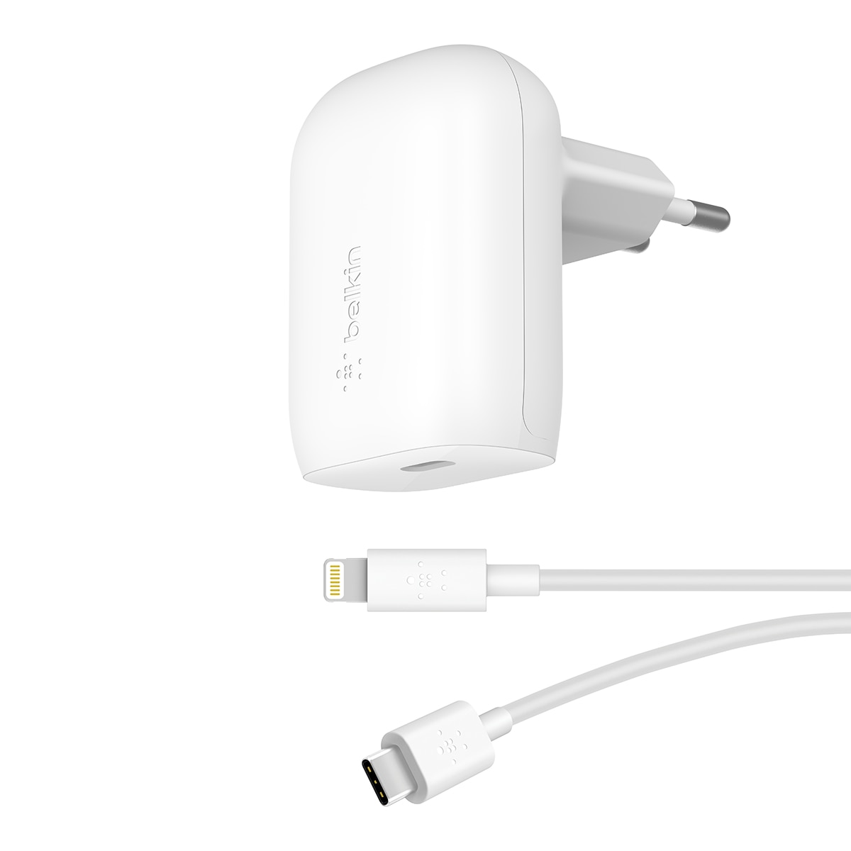 Cargador de pared Belkin USB-C PD 3.0 PPS 30 W + cable USB-C con conector Lightning Blanco-2