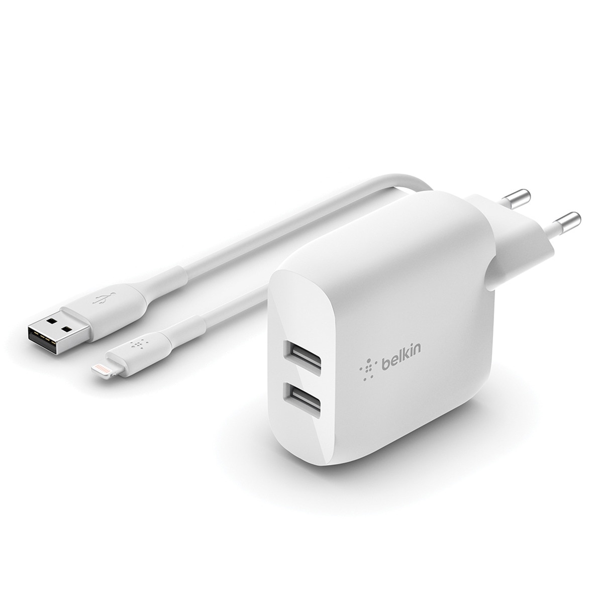 Cargador de pared Belkin doble USB-A 24 W + cable Lightning a USB-A Blanco-1