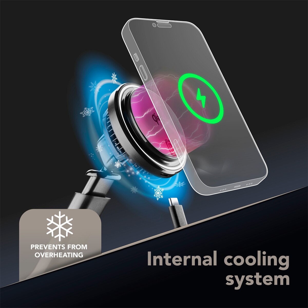 Soporte magnético para coche Cellularline Freeze Mag Qi2 Wireless Holder con tecnología Qi2 y sistema de refrigeración Negro-5