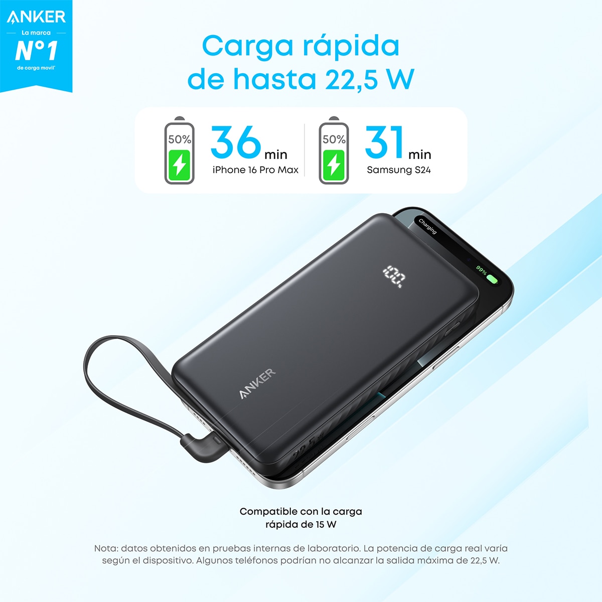 Imagen 5 de Power Bank Anker Zolo, 10000 mAh, 30W, 1 USB-C, 1 Cable retráctil USB-C, 1 USB-A - Negro Negro