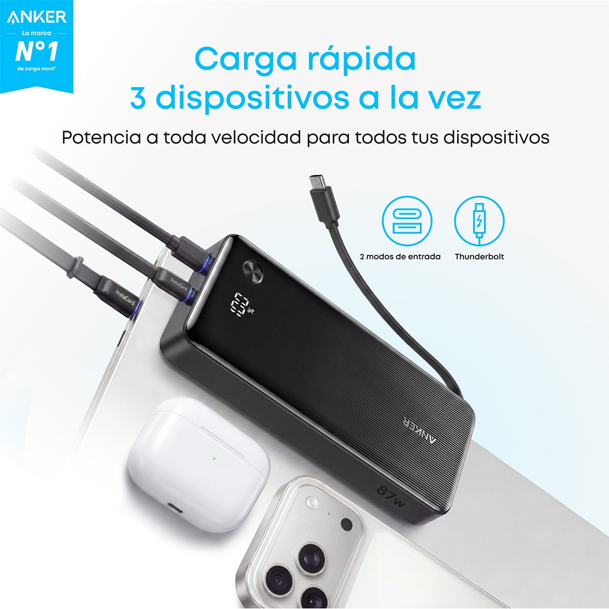 Power Bank Anker Zolo, 20000 mAh, 225W, 1 USB-C, 1 Cable retráctil USB-C, 1 USB-A - Negro Negro-5