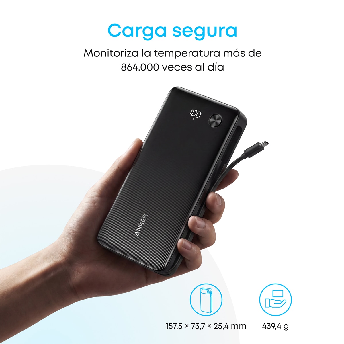 Power Bank Anker Zolo, 20000 mAh, 225W, 1 USB-C, 1 Cable retráctil USB-C, 1 USB-A - Negro Negro-6