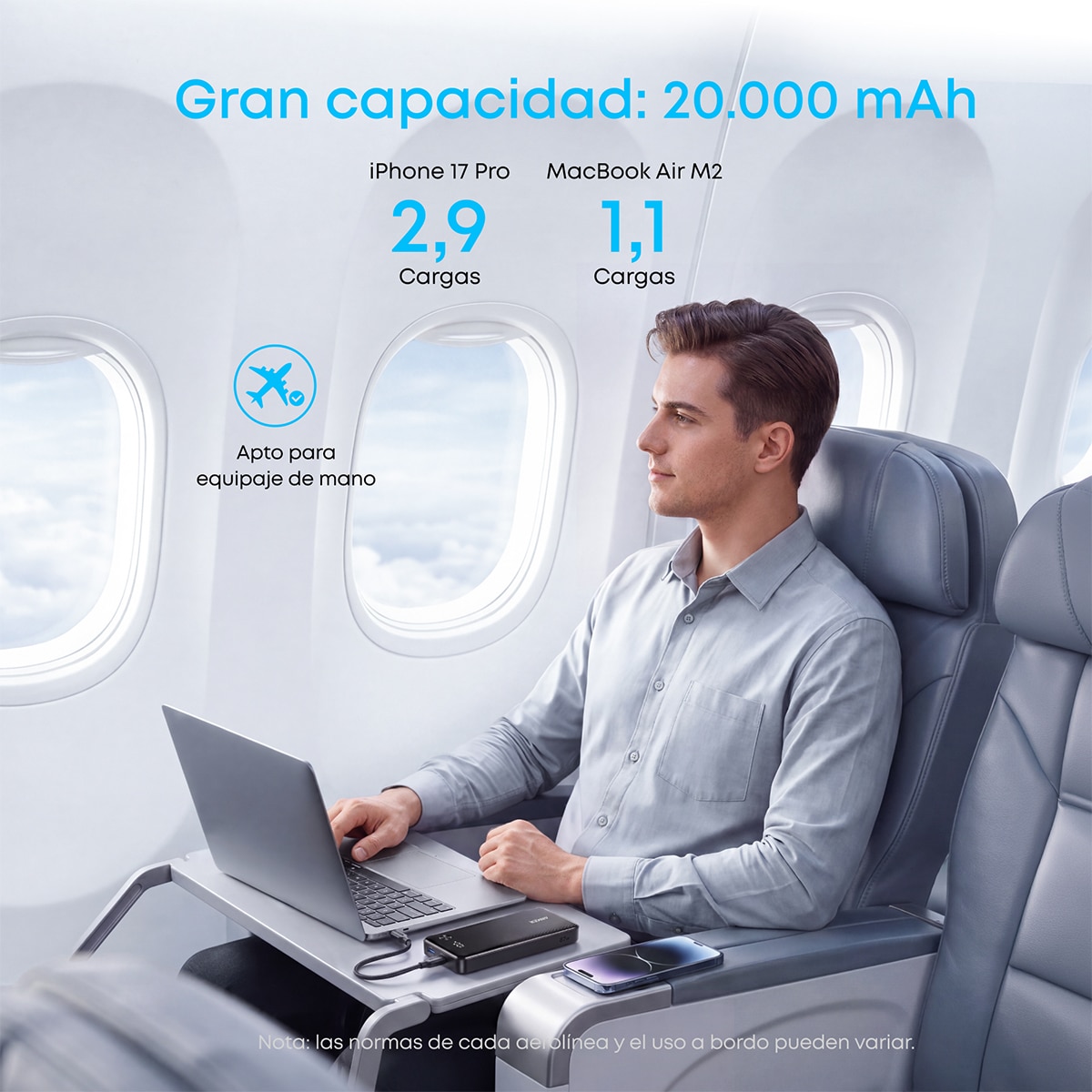 Power Bank Anker Zolo, 20000 mAh, 225W, 1 USB-C, 1 Cable retráctil USB-C, 1 USB-A - Negro Negro-7