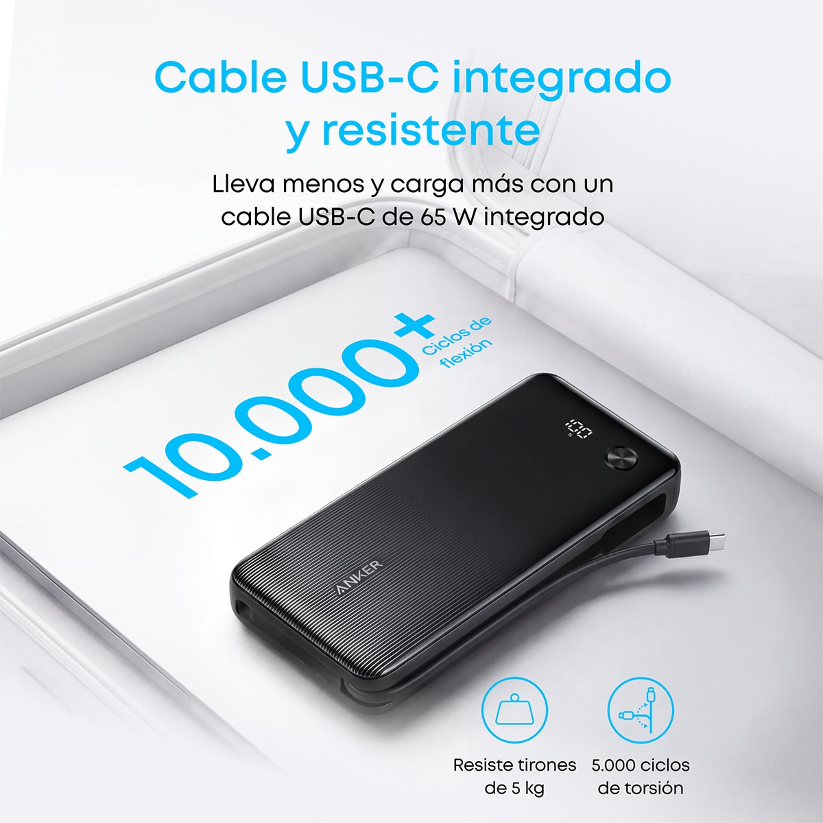 Power Bank Anker Zolo, 20000 mAh, 225W, 1 USB-C, 1 Cable retráctil USB-C, 1 USB-A - Negro Negro-8