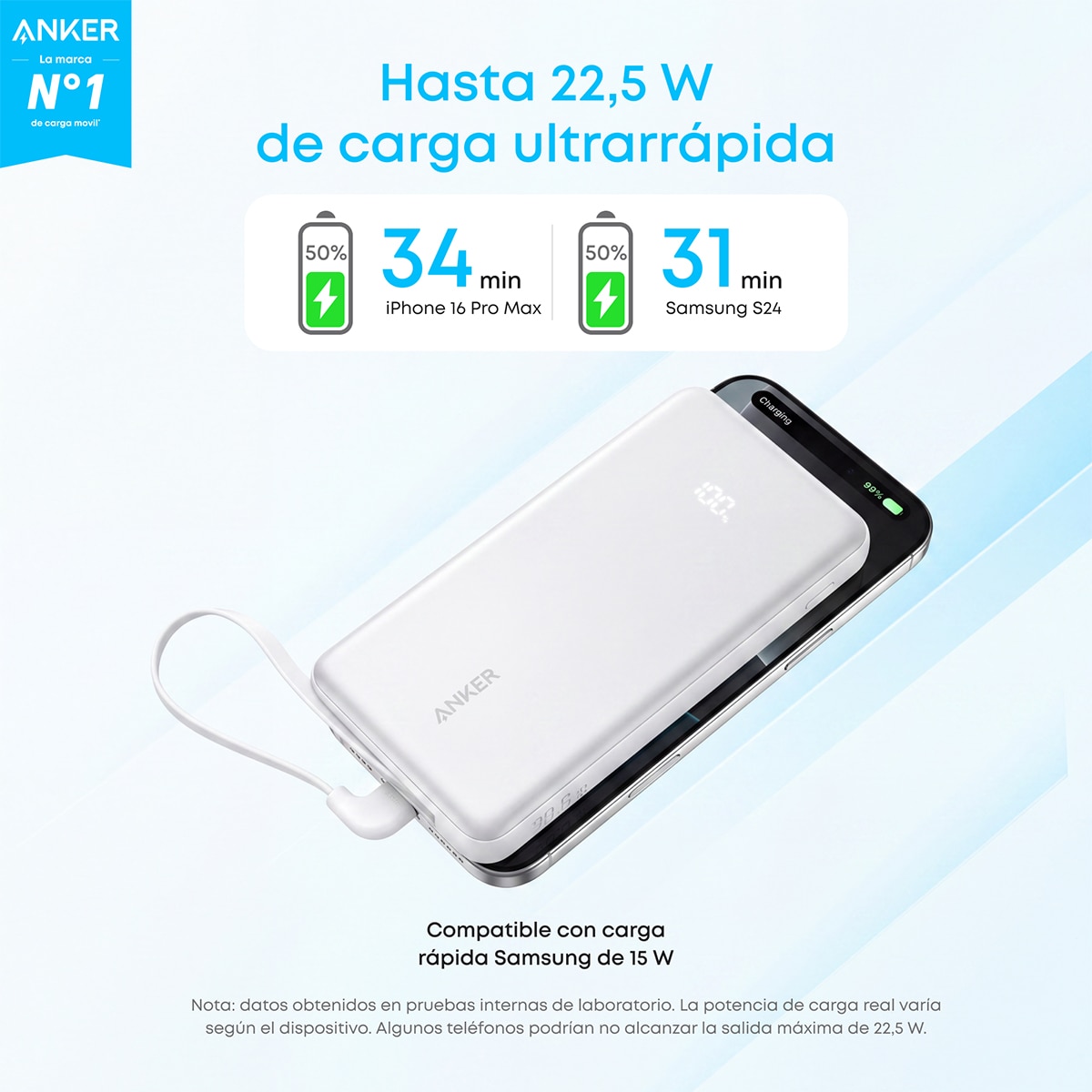 Imagen 5 de Power Bank Anker Zolo, 20000 mAh, 225W, 1 USB-C, 1 Cable retráctil USB-C, 1 USB-A - Blanco Blanco